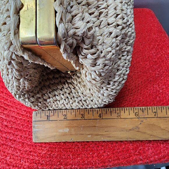 70s Vintage Marcus Brothers Pale Raffia Framed Doctor Bag Purse, Large - Picture 6 of 8